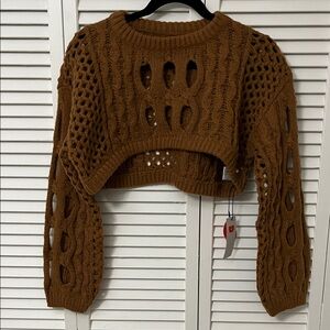 KNIT ROUND NECKLINE HOLLOW OUT LONG SLEEVE CROP TOP